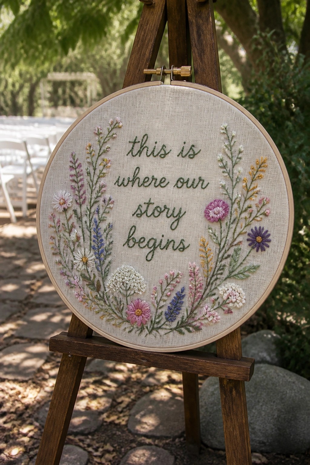 Floral embroidery hoop on wooden easel with quote