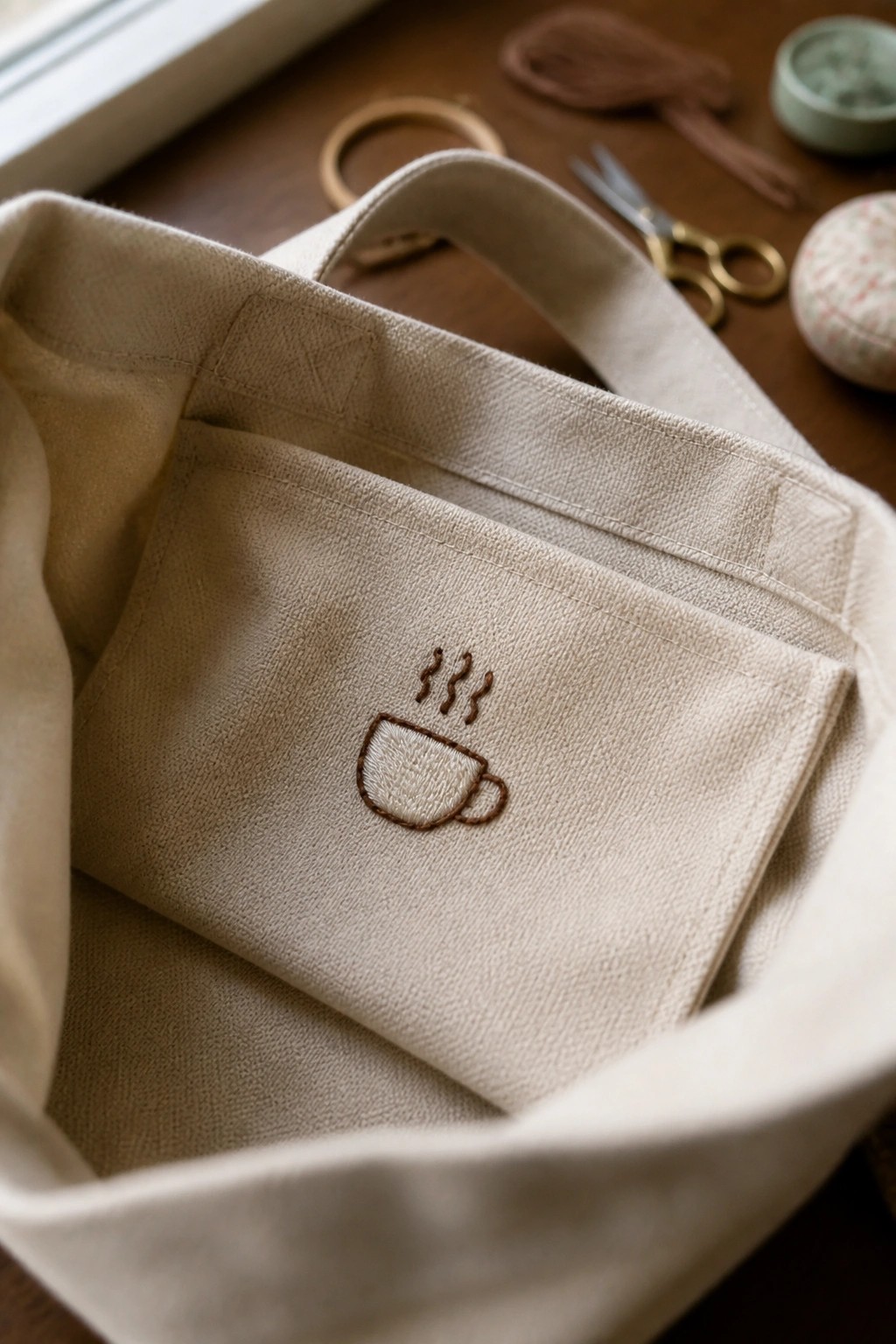 Open beige canvas tote bag with embroidered coffee cup on inner pocket amid craft supplies.