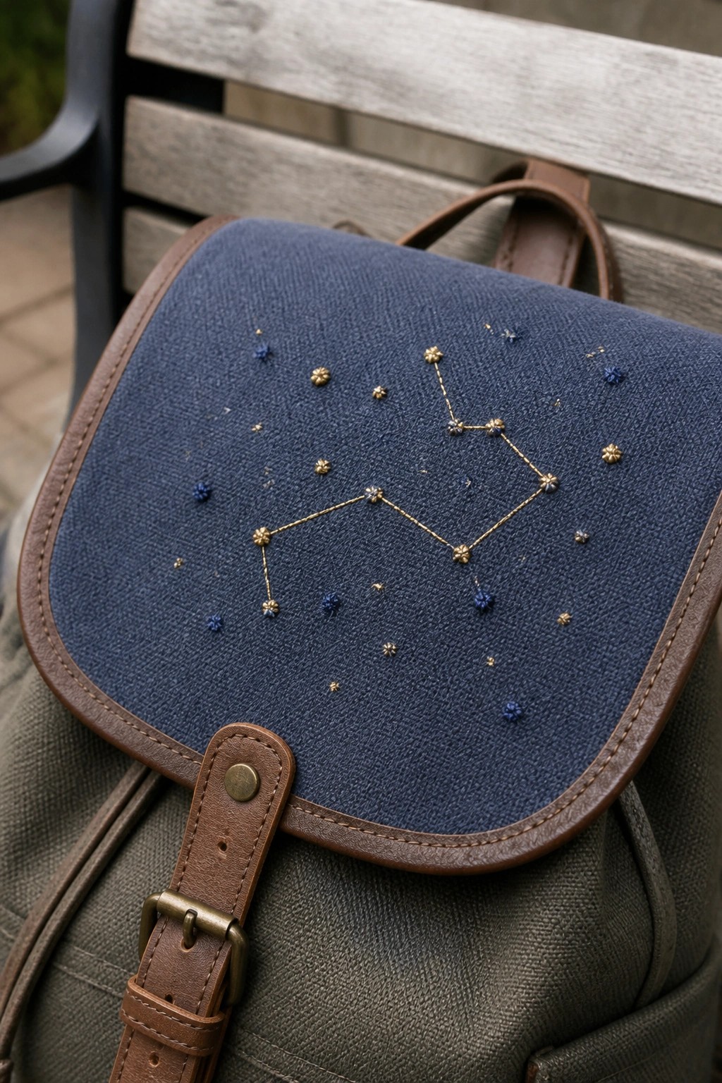 Navy blue backpack flap with golden constellation embroidery and brown leather strap
