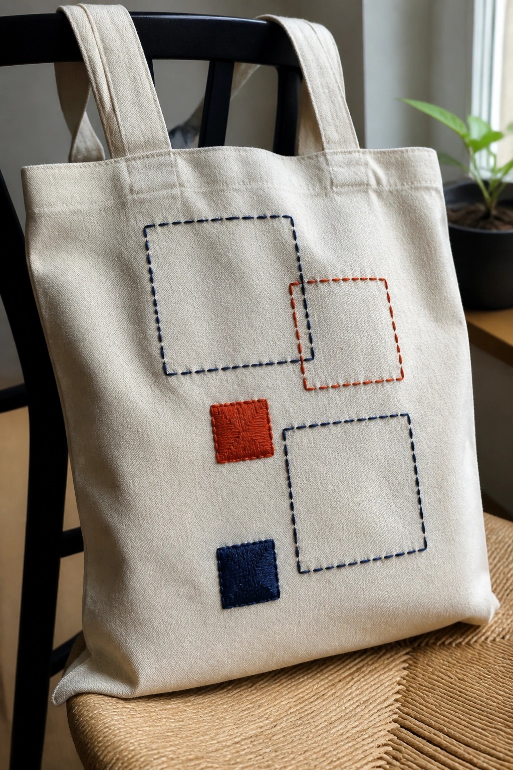 Beige canvas tote bag with blue and orange embroidered square patches on wooden chair.