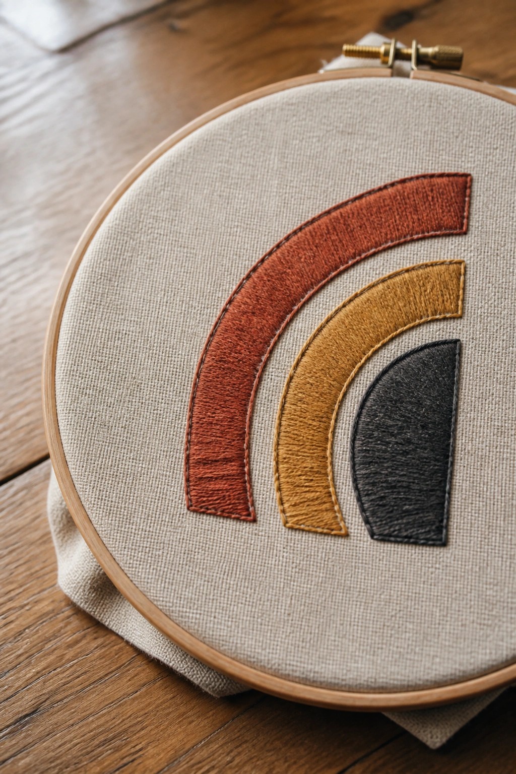 Wooden hoop with rainbow embroidery in terracotta, gold, and black on beige fabric.