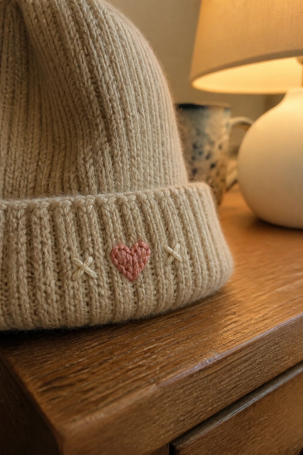 Beige ribbed beanie with pink heart and white X embroidery on wooden table