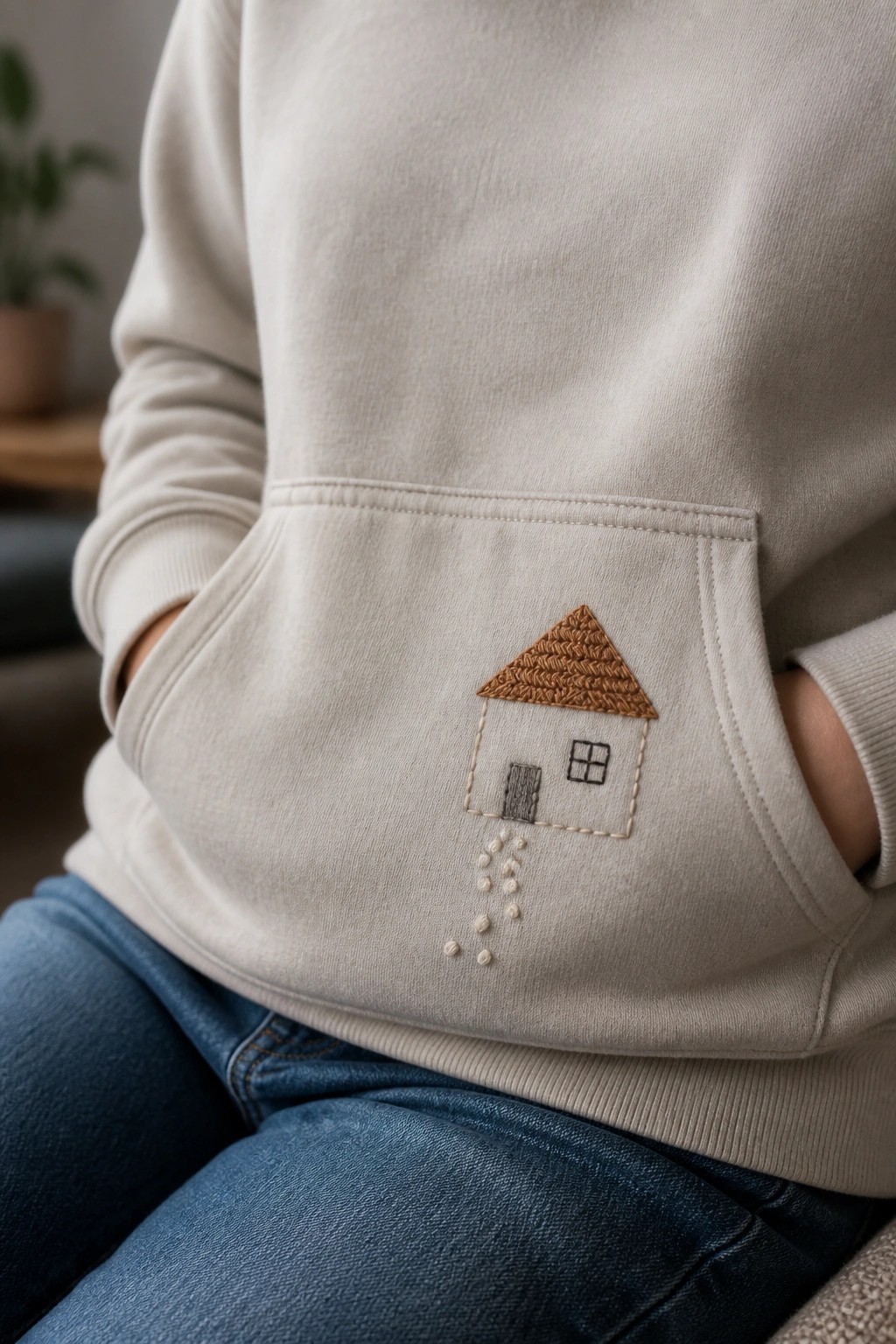 Beige hoodie pocket with embroidered house, brown roof, and dotted path over blue jeans.