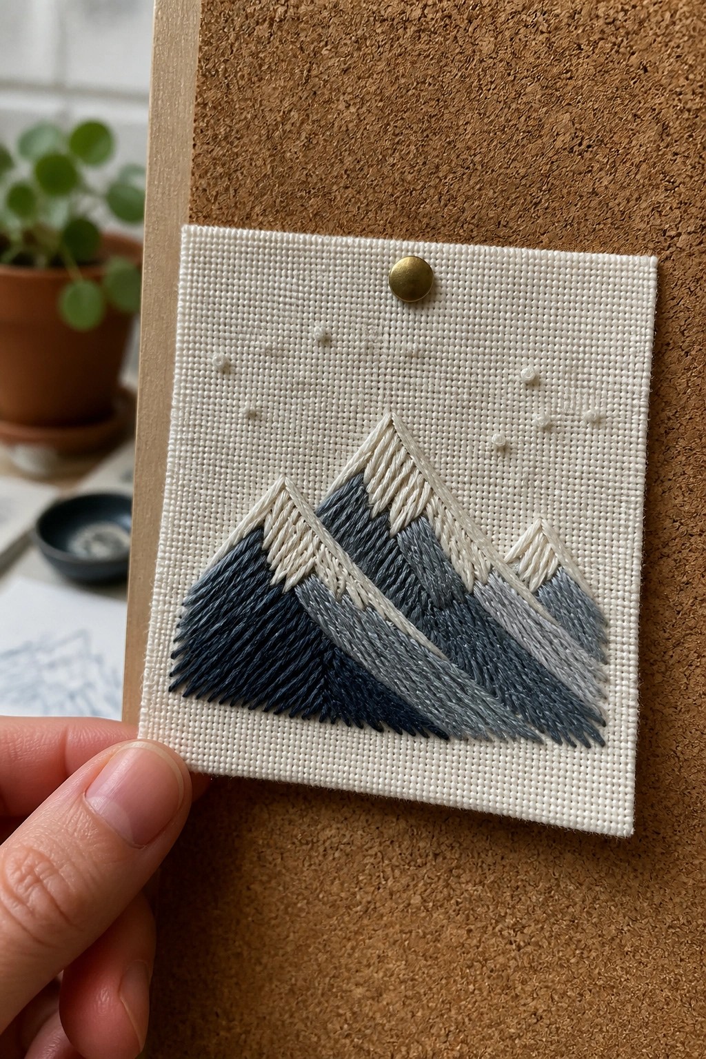 Hand holding embroidered blue mountains with white peaks on fabric pinned to corkboard