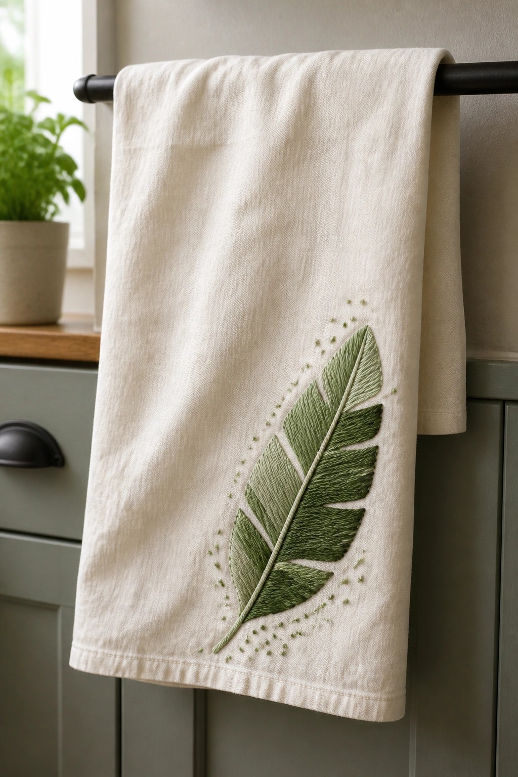 White towel with green embroidered leaf on black rod over green cabinet