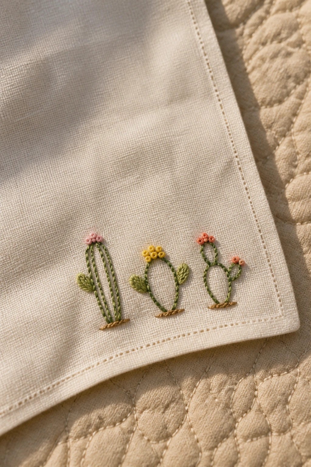 Three embroidered cacti with pink, yellow, and orange flowers on white fabric