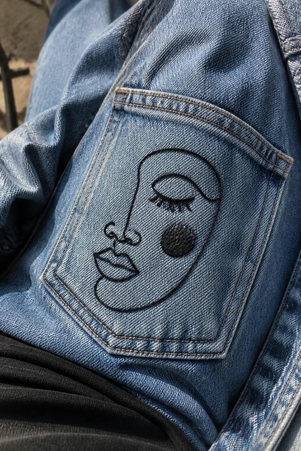 Blue denim back pocket embroidered with stylized black line-art face design.