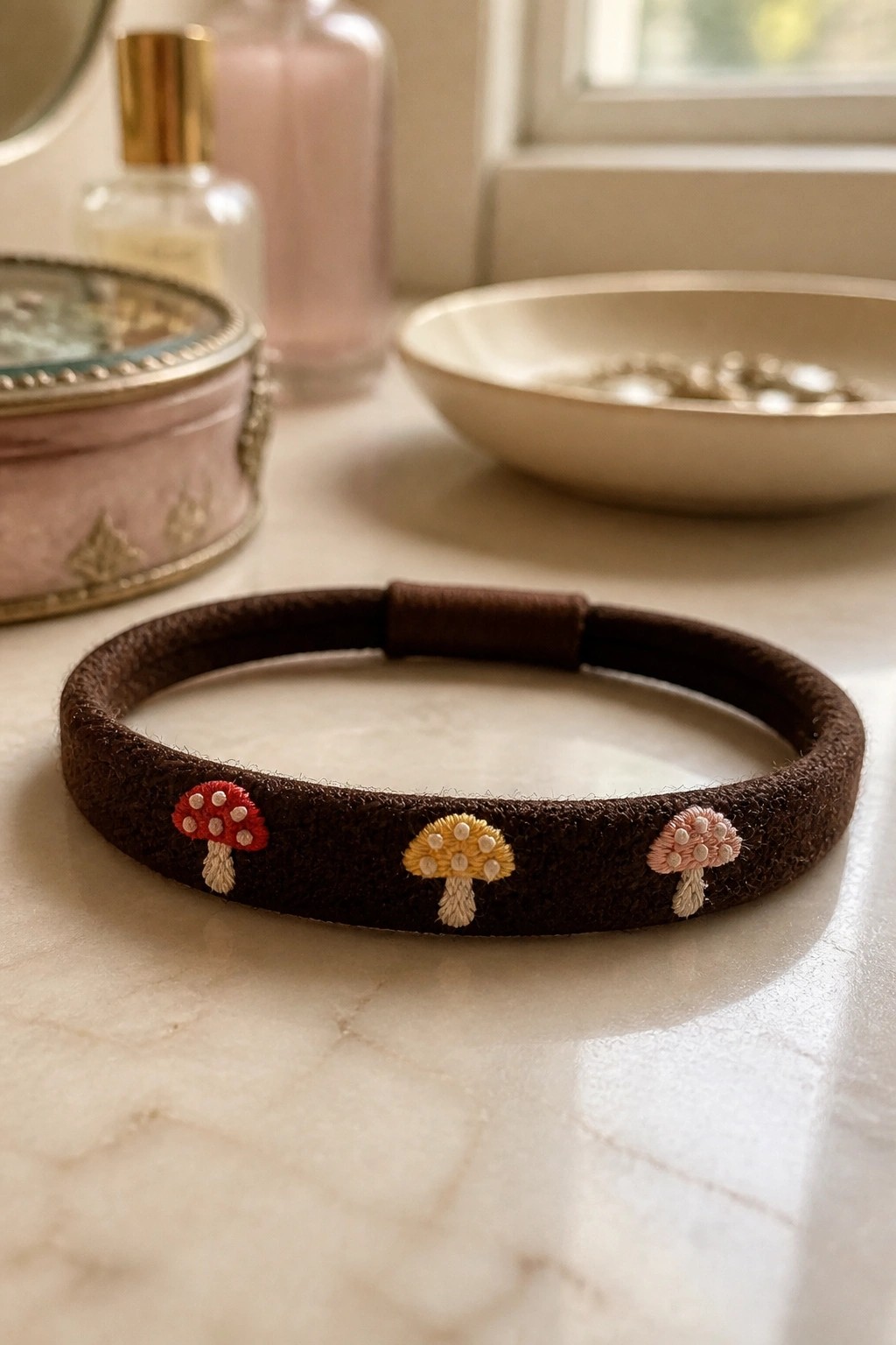 Brown suede bracelet with red, yellow, and pink embroidered mushrooms on marble.
