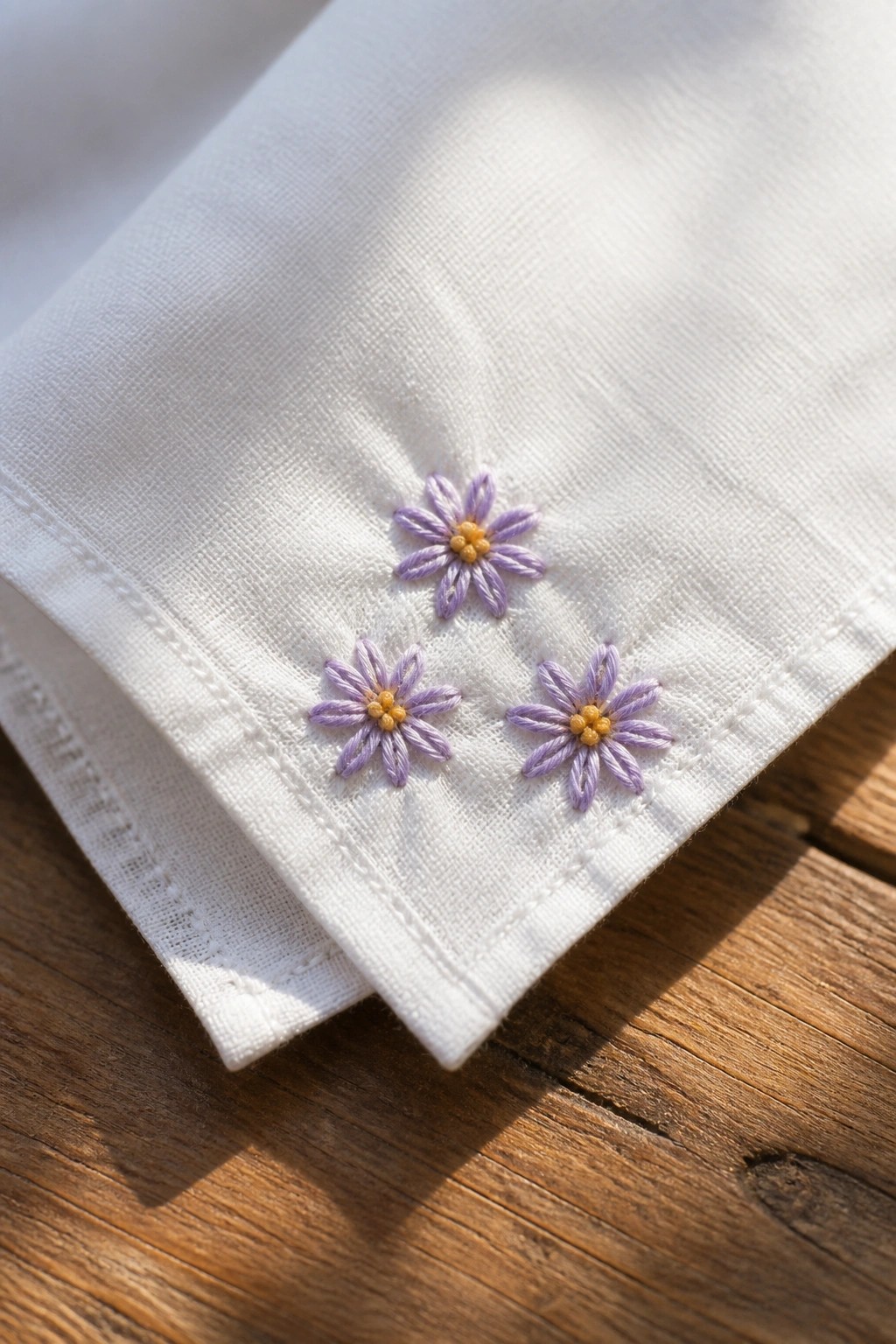 White linen napkin with three purple embroidered daisies on wooden table