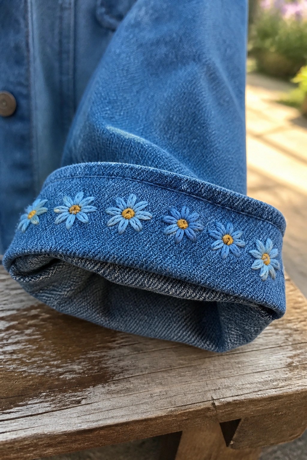 Close-up of rolled blue denim jacket cuff with row of embroidered light blue daisies with yellow centers.