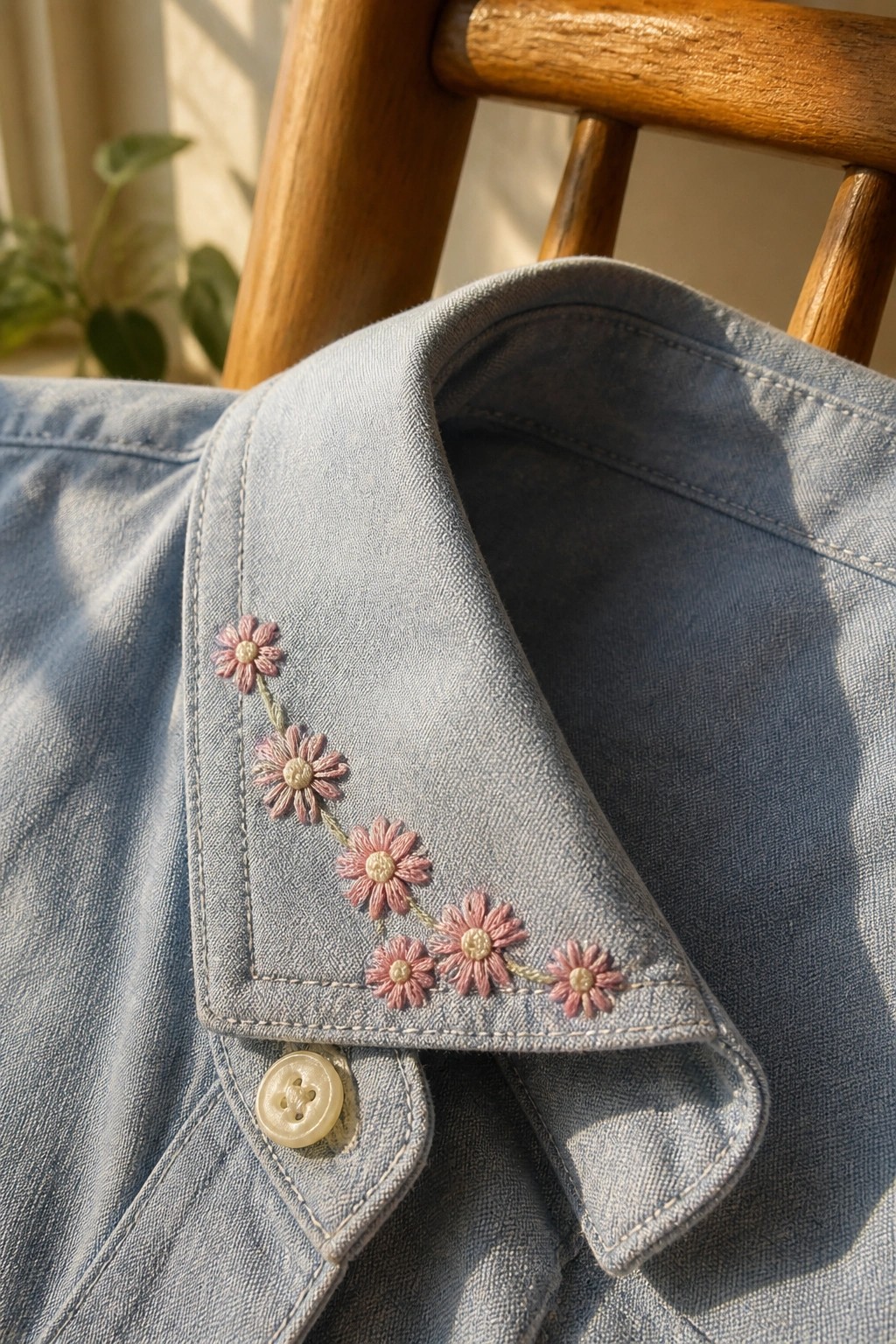 Light blue denim collar with pink daisy embroidery and button on wooden chair in sunlight