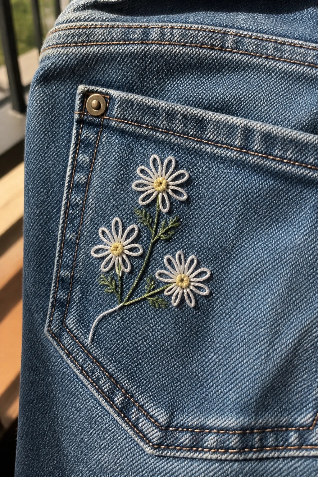 Blue denim jeans pocket embroidered with white daisies, yellow centers, and green stems