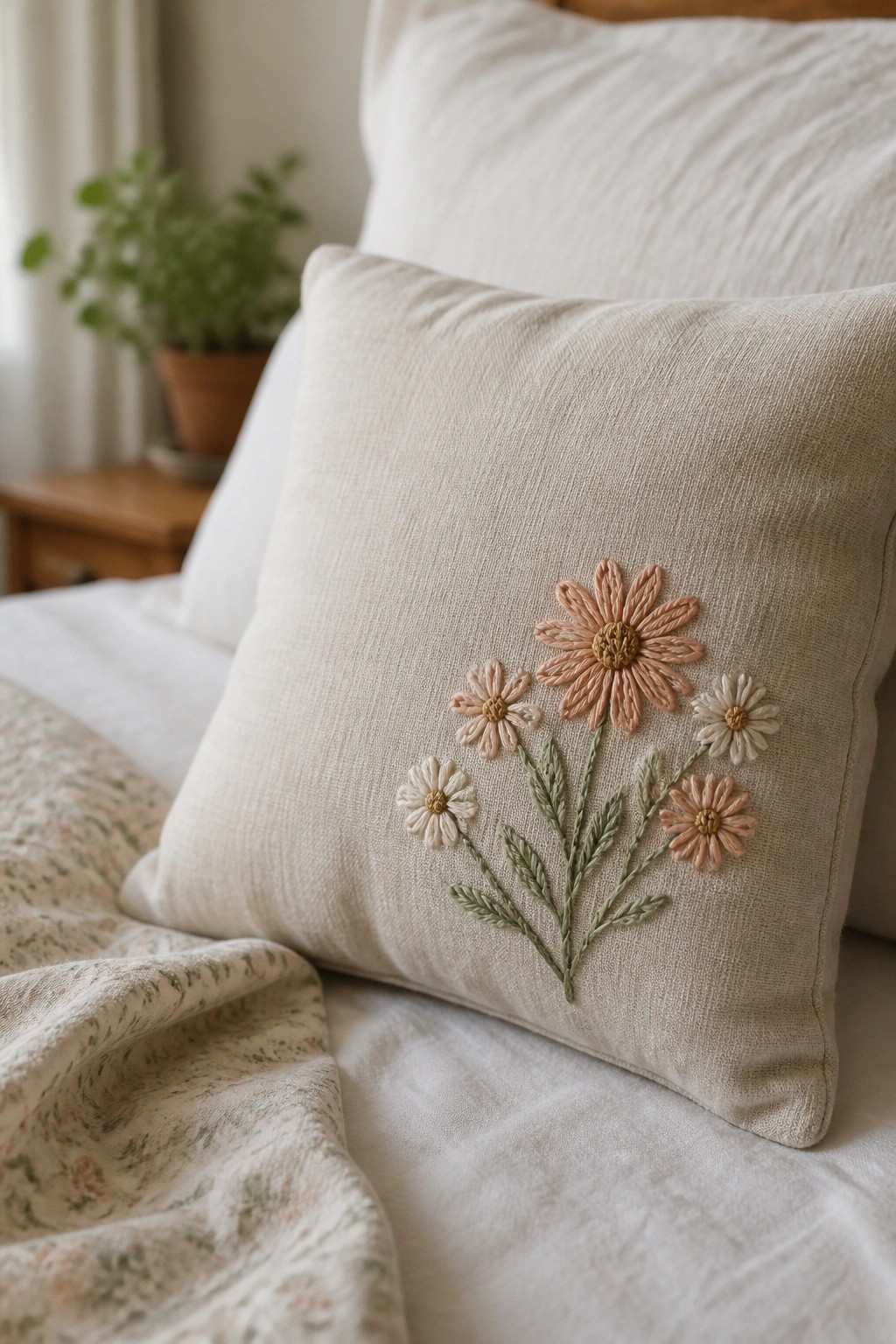 Beige embroidered pillow with peach and white flowers on a bed with floral bedding