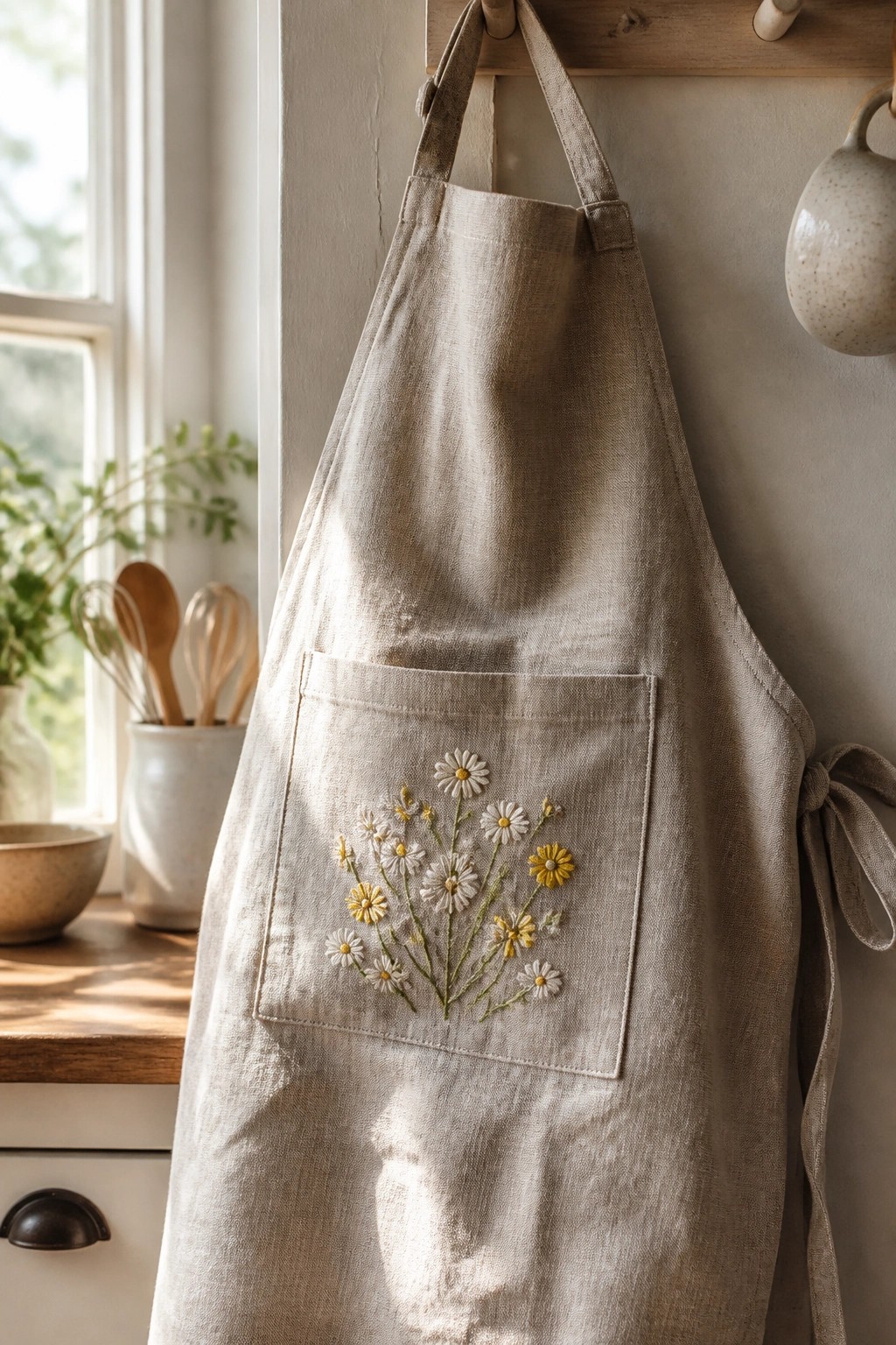 Beige linen apron with daisy embroidery hanging near sunlit kitchen window