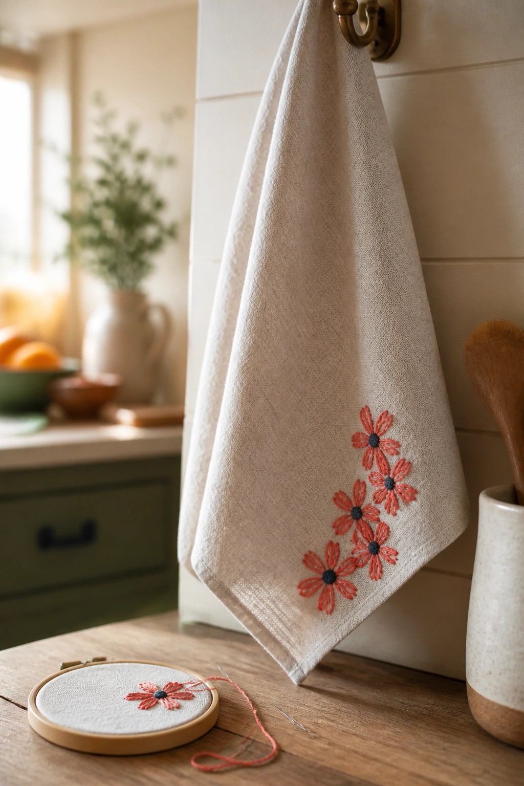 Embroidered white towel with red flowers hangs near wooden embroidery hoop on table