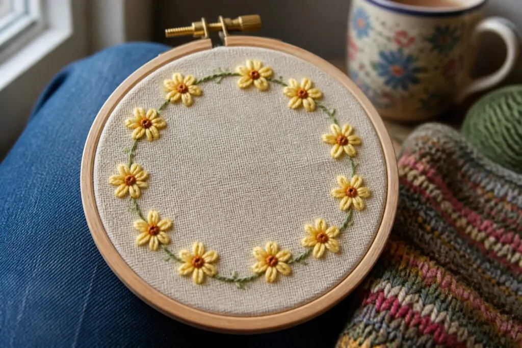 24 Smart Lazy Daisy Embroidery Ideas for Quick Floral Projects Yellow floral embroidery hoop resting on blue denim jeans with white knit sweater