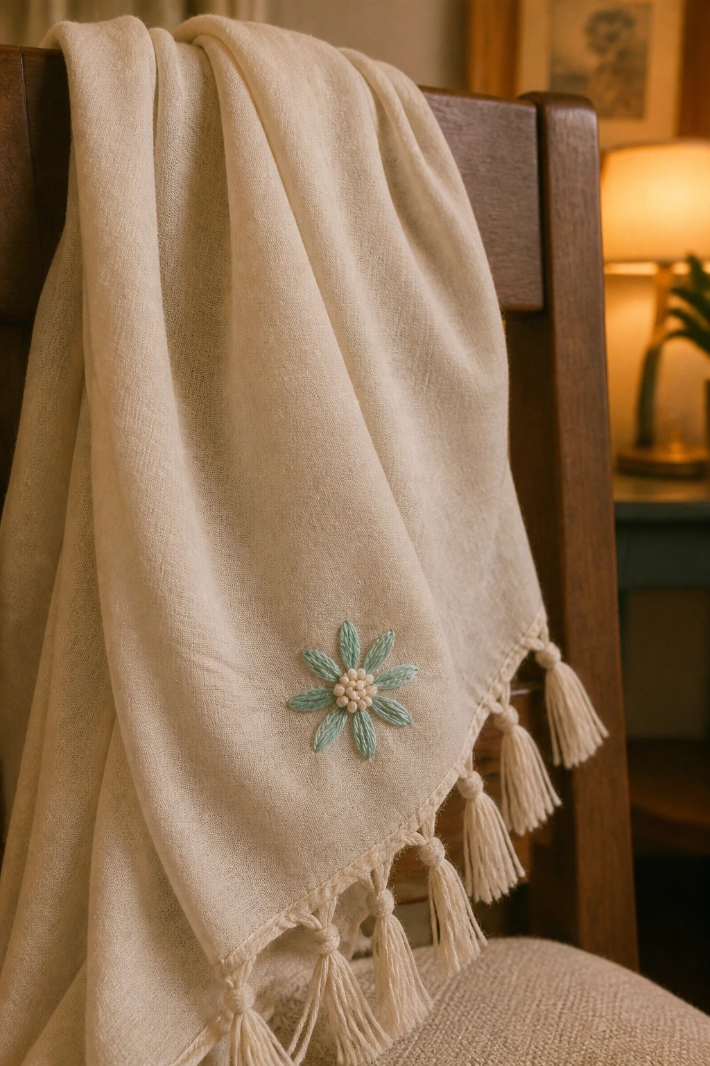 Cream blanket with mint green embroidered flower and tassels on wooden chair.