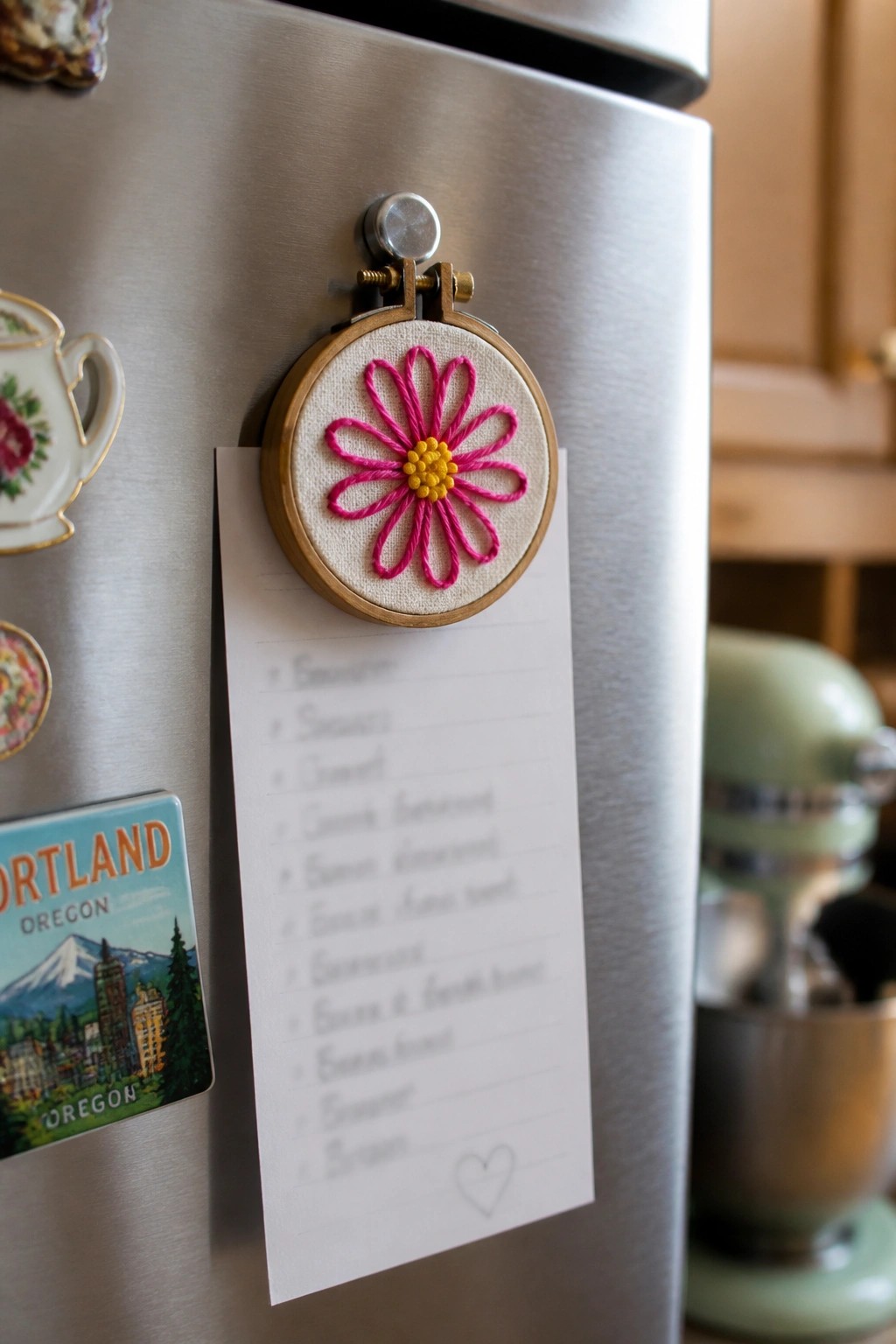 A small wooden embroidery hoop with a pink daisy flower is clipped to a stainless steel refrigerator holding a shopping list.