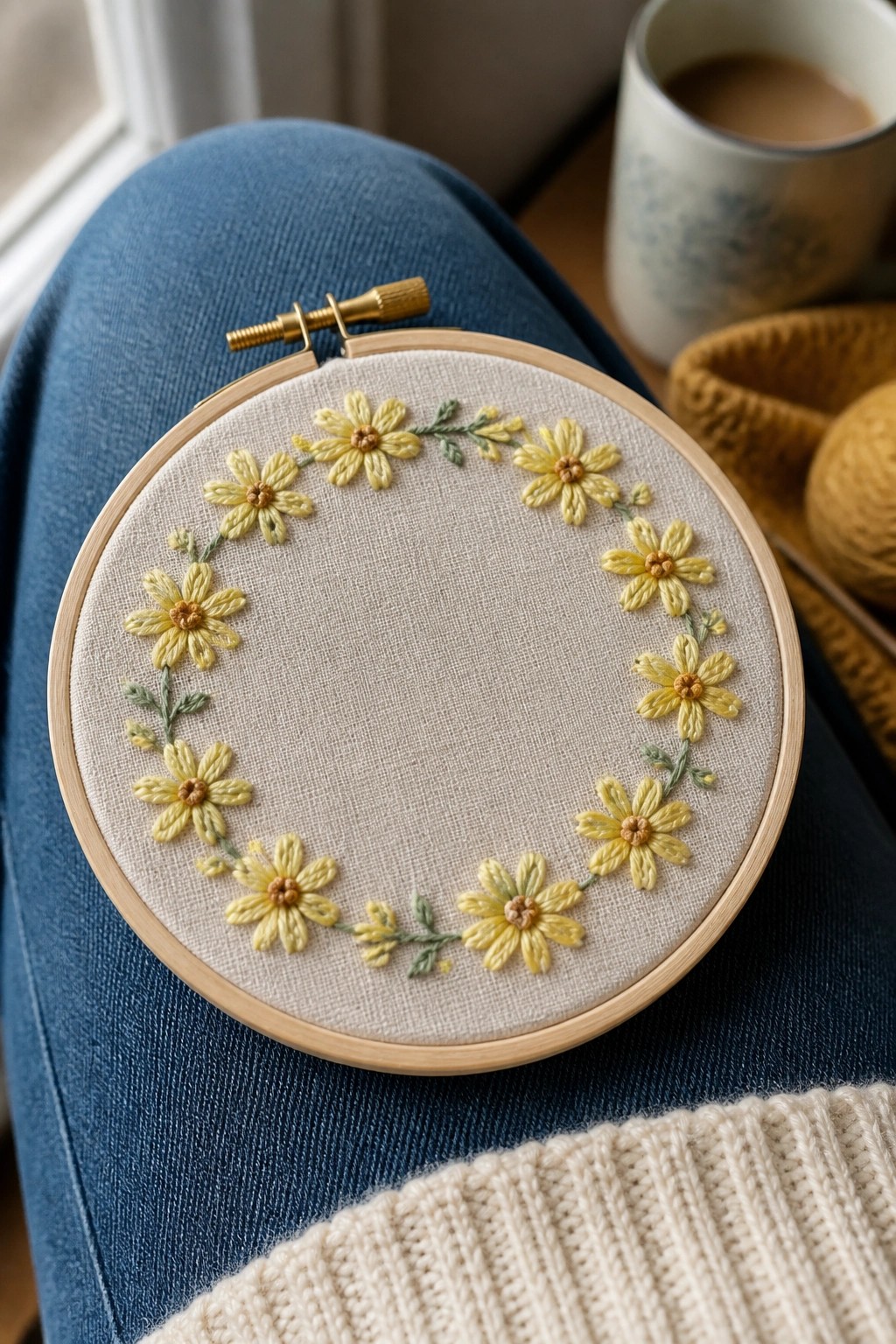 Yellow floral embroidery hoop resting on blue denim jeans with white knit sweater
