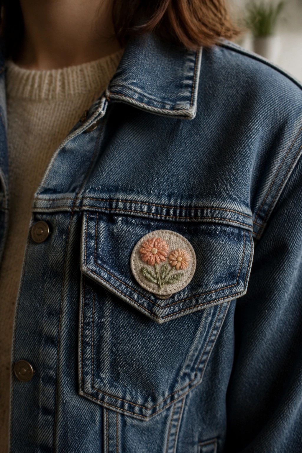 Blue denim jacket with round floral embroidered patch on chest pocket over beige sweater