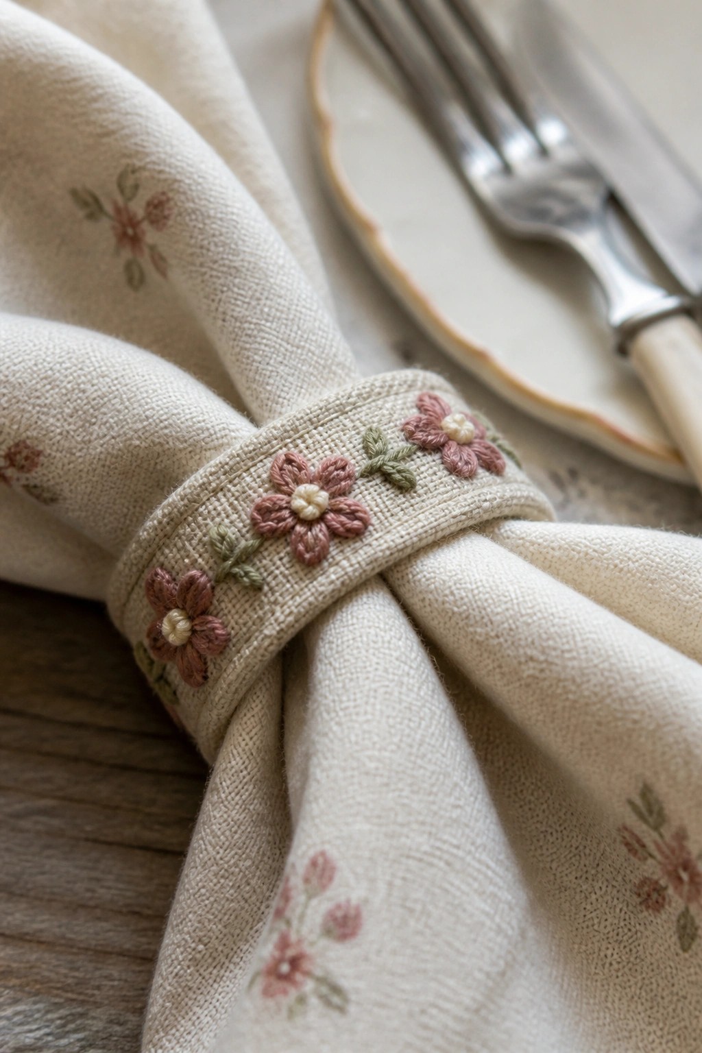 Beige embroidered napkin in floral ring beside fork and knife on plate