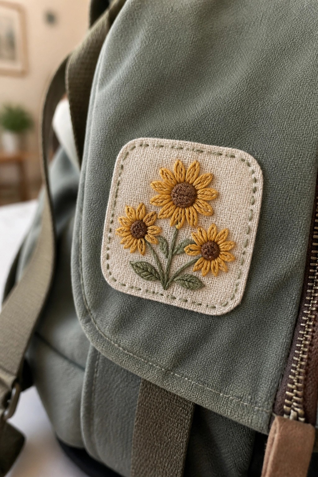 Embroidered yellow sunflowers on a beige patch sewn to a green backpack.