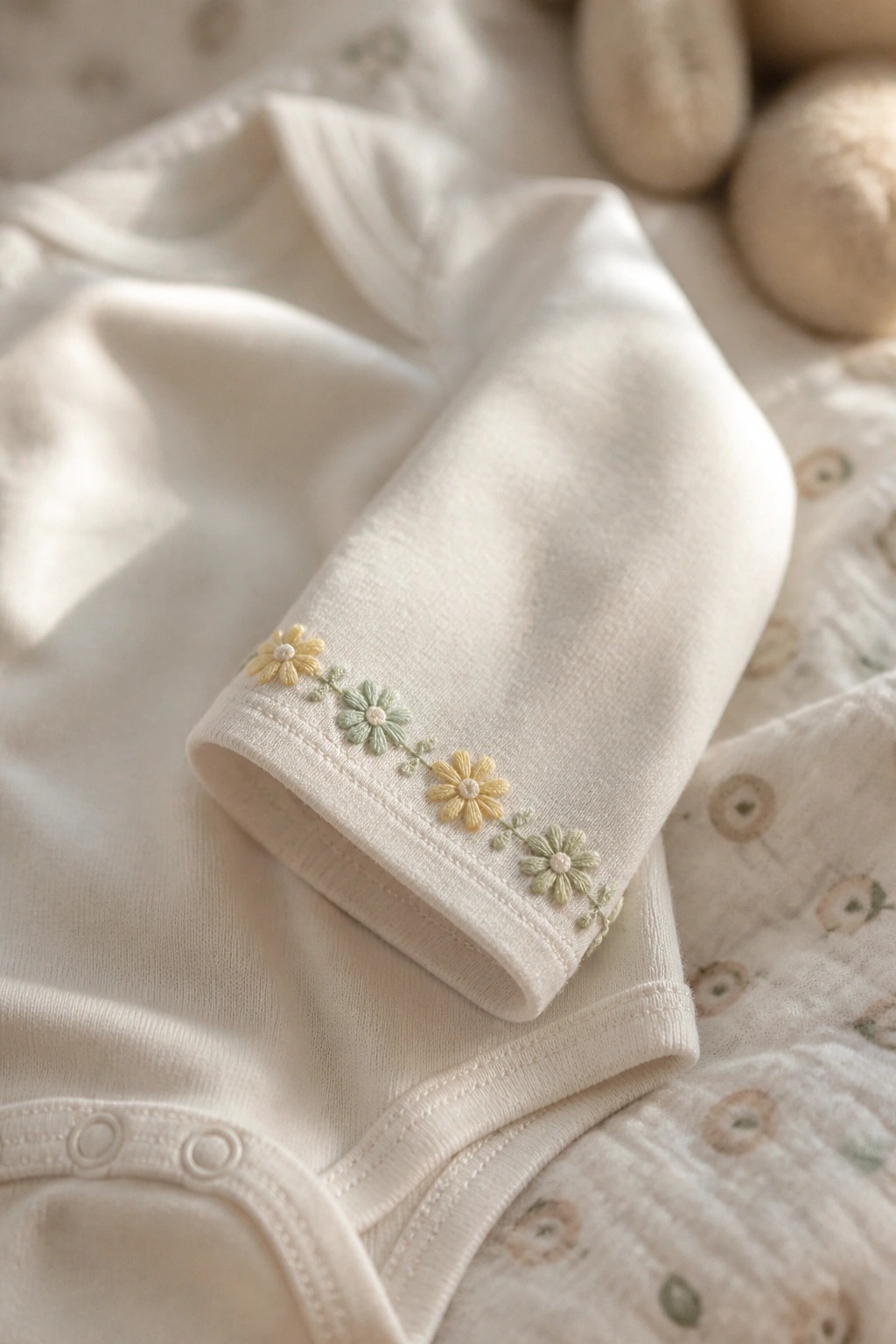 White baby onesie cuff embroidered with yellow and sage green daisies