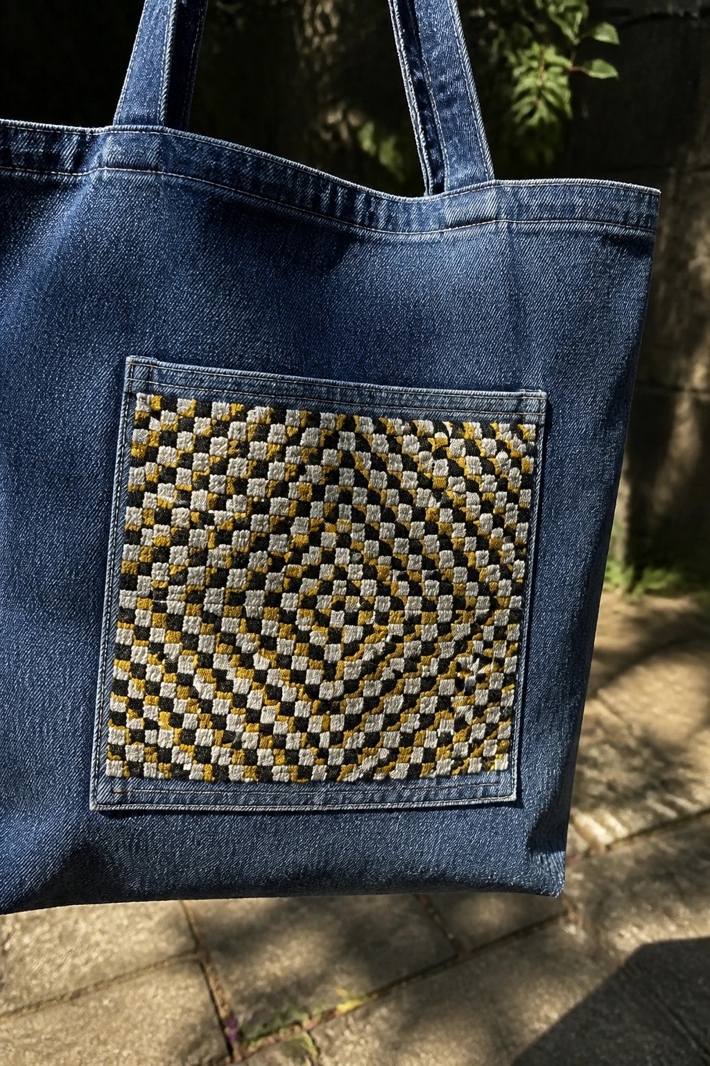 Blue denim tote bag with yellow black white gray swirling checkered pocket