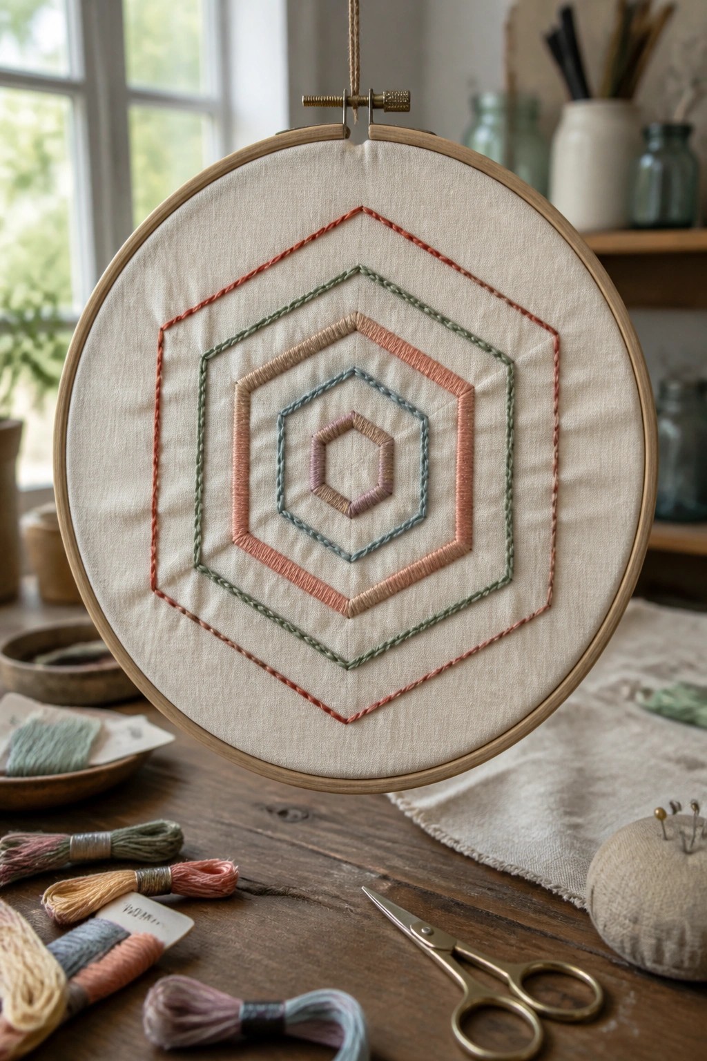 Wooden hoop with fabric showing several concentric hexagons stitched in coral, green, peach, and muted blue threads.