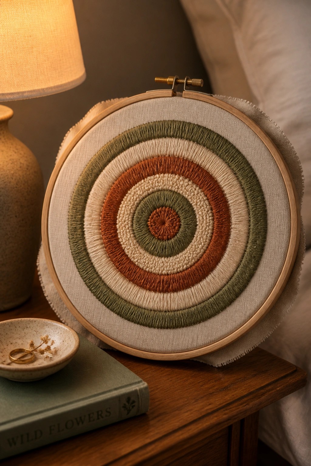 Wooden embroidery hoop with green and rust concentric circles on nightstand beside book and lamp