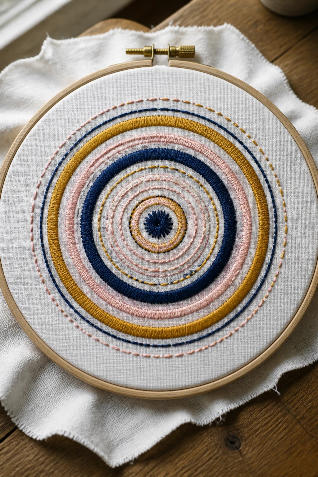 Embroidery hoop with white fabric showing concentric stitched circles in navy, yellow, pink, and peach around a dark blue center cluster.