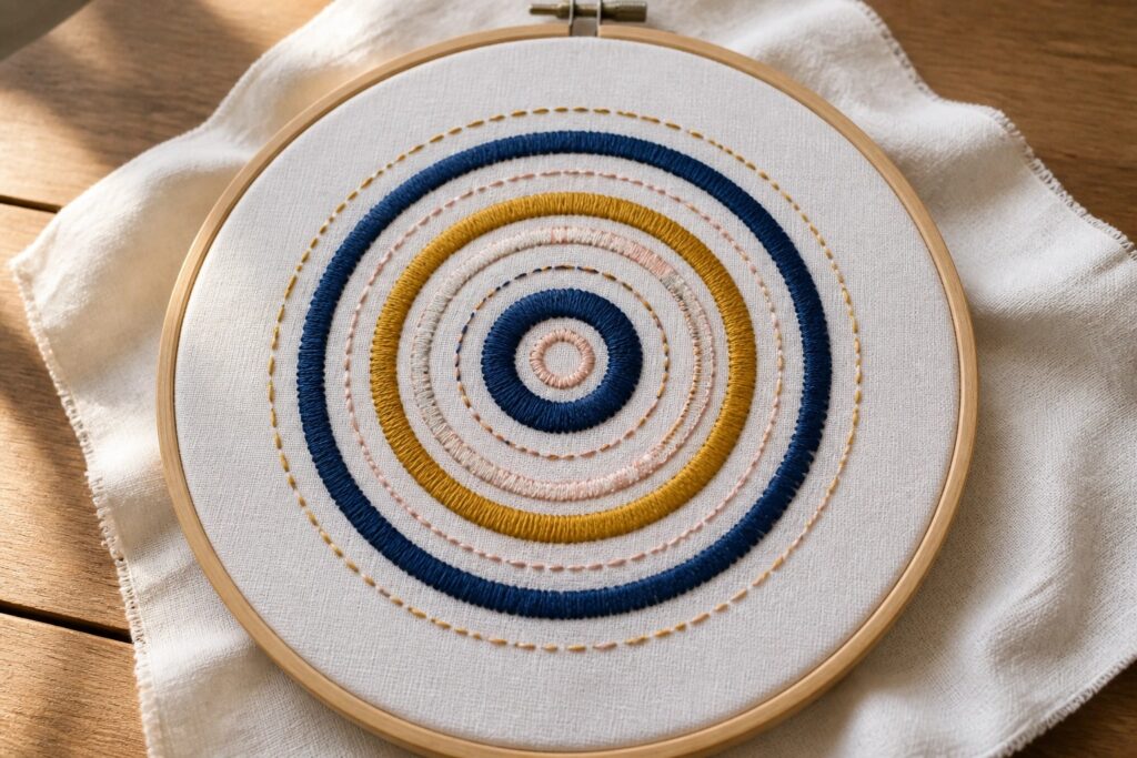 Embroidery hoop with white fabric showing concentric stitched circles in navy, yellow, pink, and peach around a dark blue center cluster.