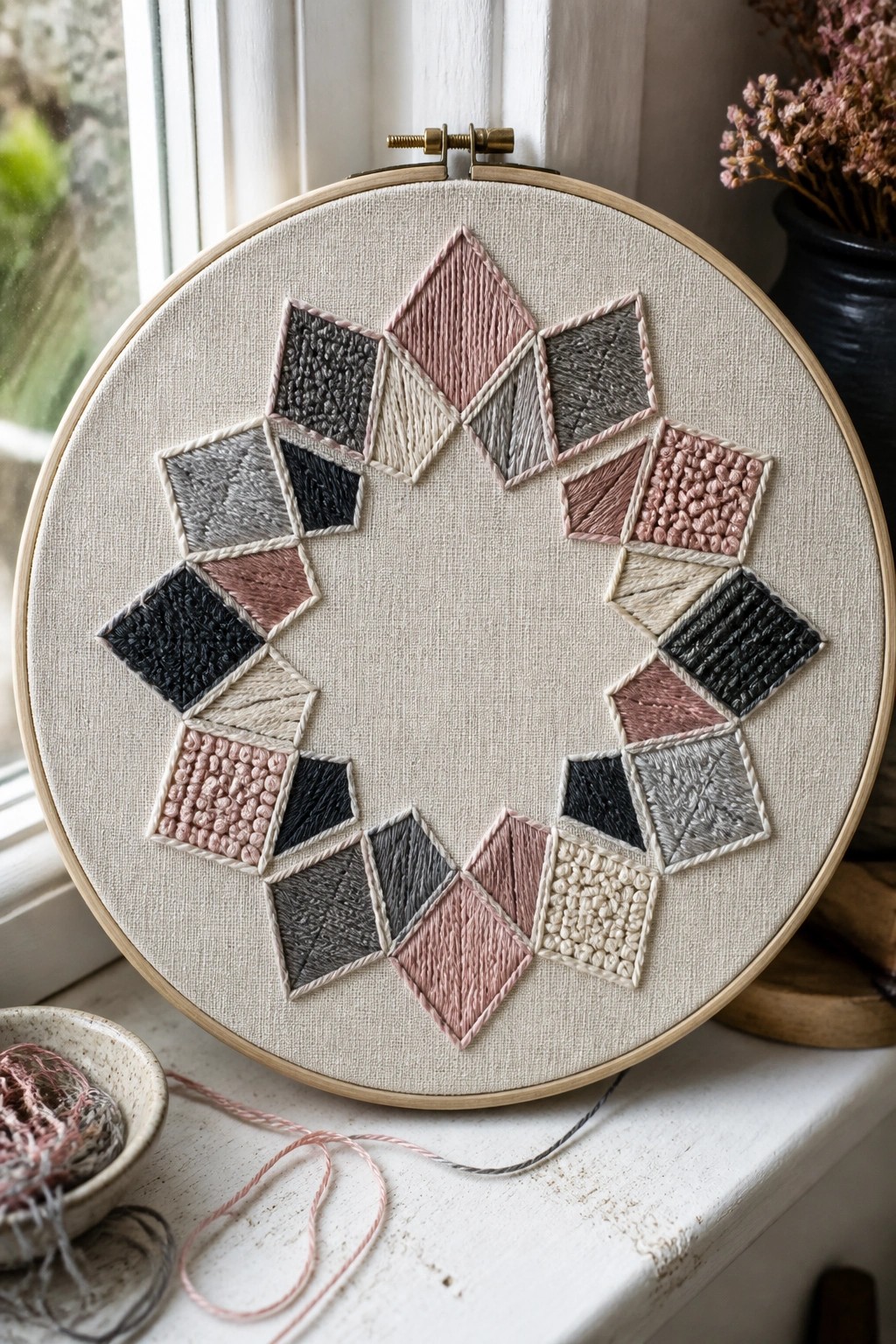 Circular embroidery hoop with diamond patches in pink, gray, and black tones.