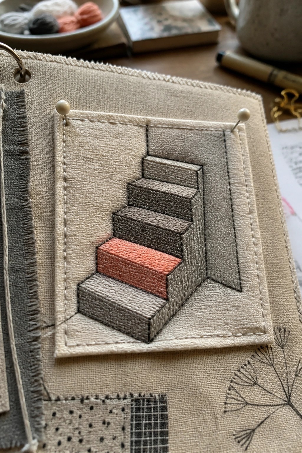 Embroidered staircase in gray and coral threads pinned to beige fabric page