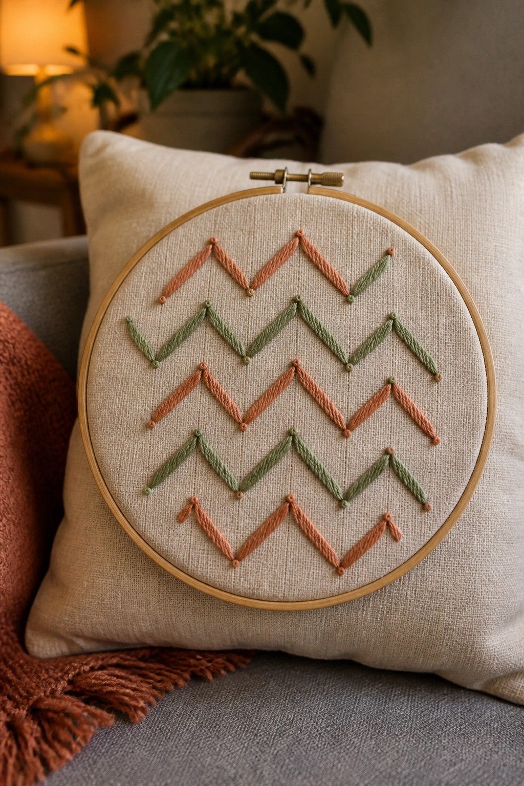 Wooden hoop with orange and green chevron embroidery on beige fabric over pillow.