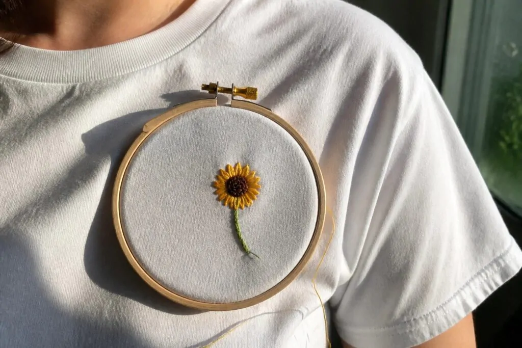 24 Stylish T-Shirt Embroidery Ideas With Small Front-Chest Designs White t-shirt with yellow sunflower embroidery in wooden hoop held by hand.