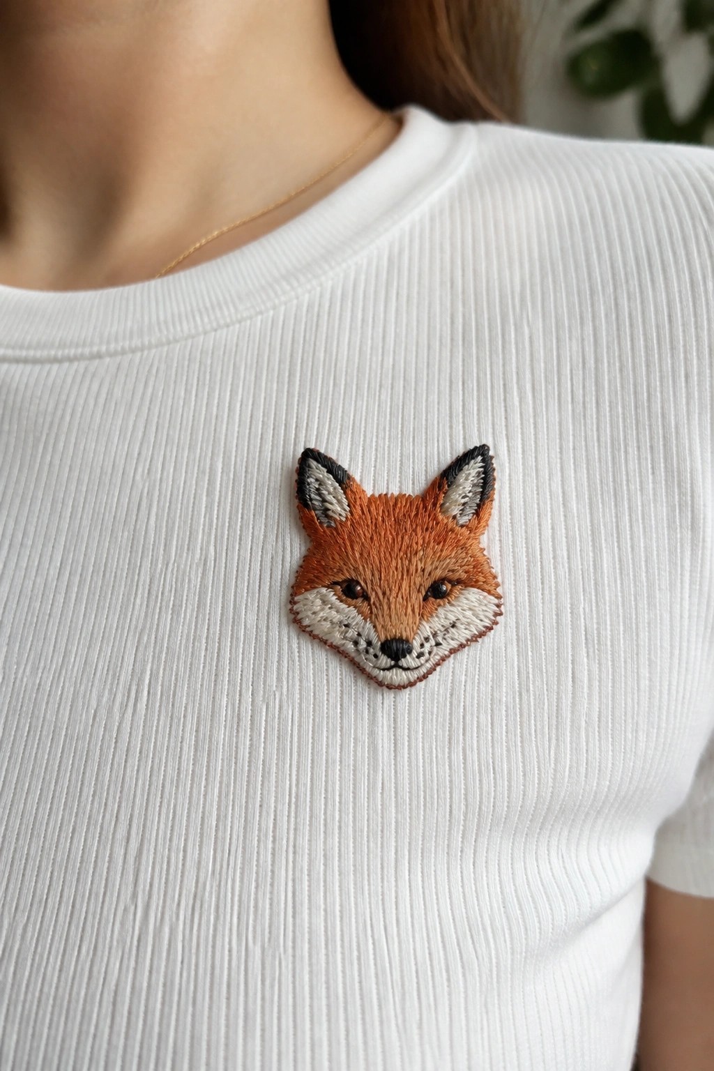 Close-up of an embroidered fox face centered on the chest of a white ribbed t-shirt.