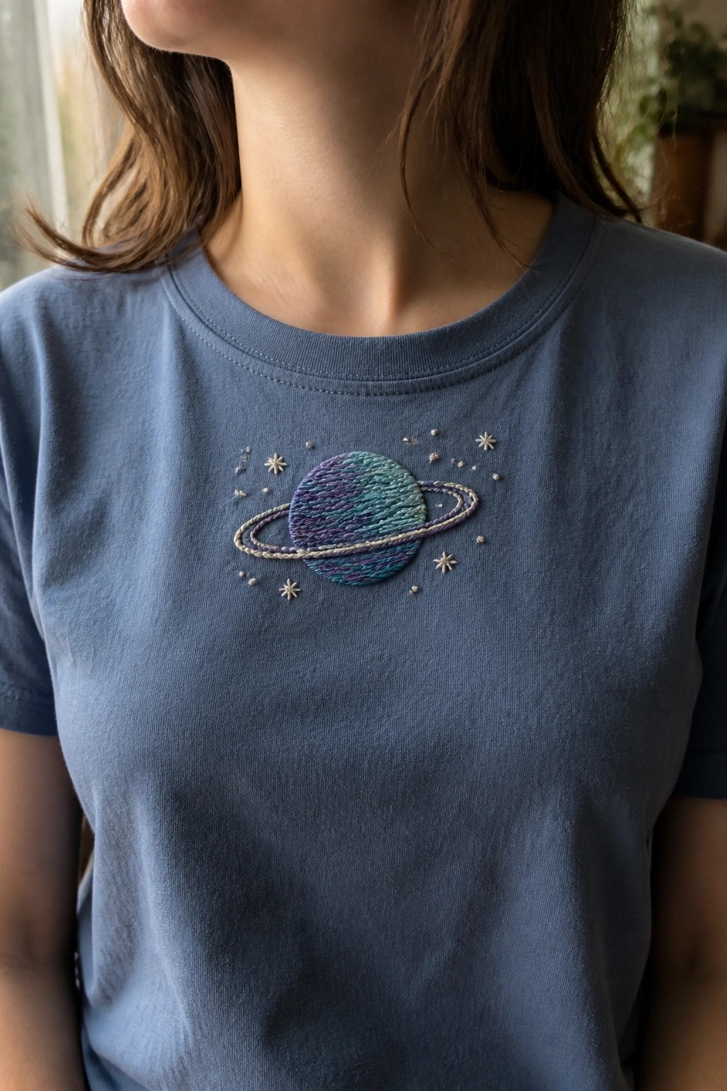 Blue t-shirt with embroidered planet, rings, and scattered stars on chest