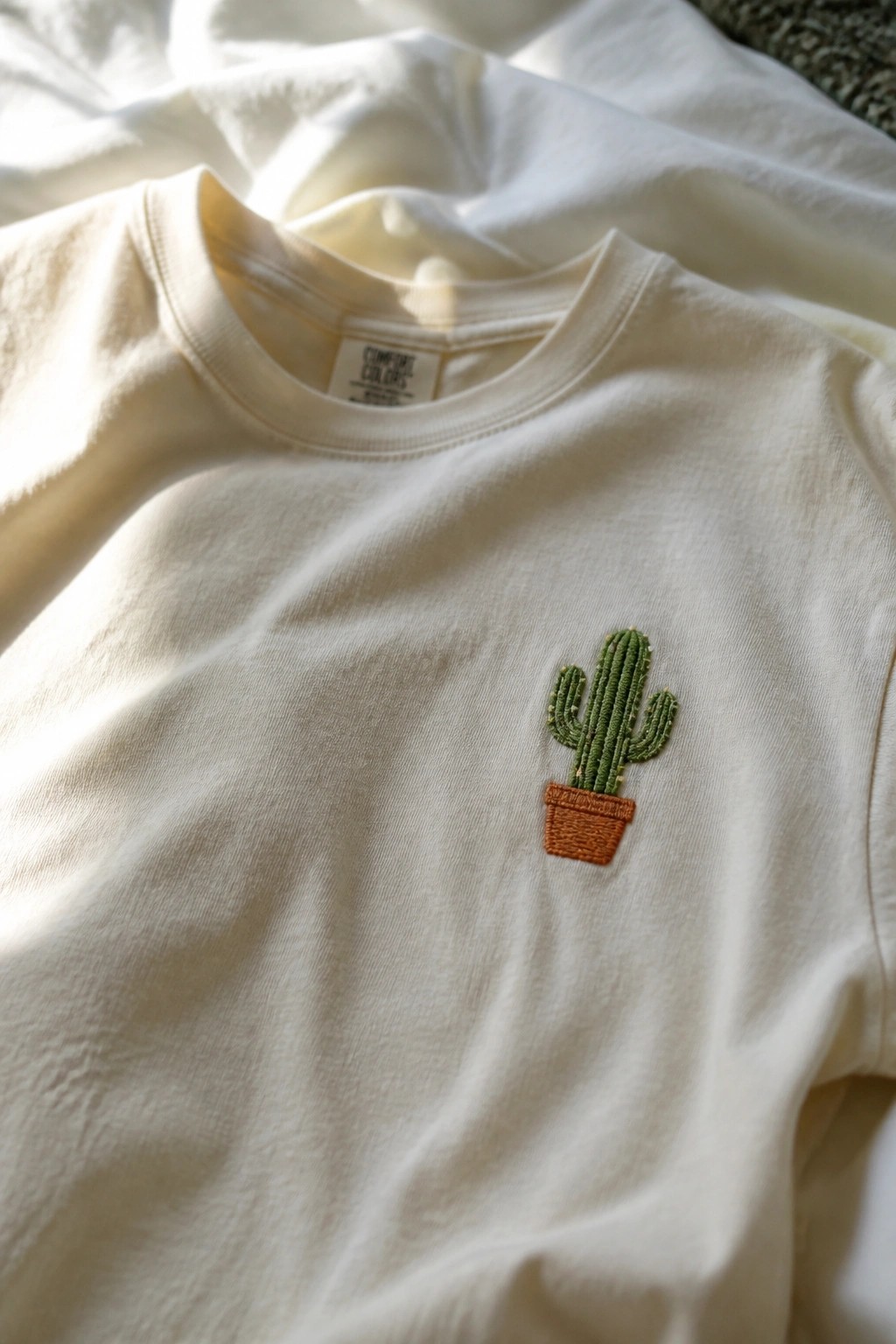 Cream sweatshirt with embroidered green cactus in brown pot on chest in sunlight.