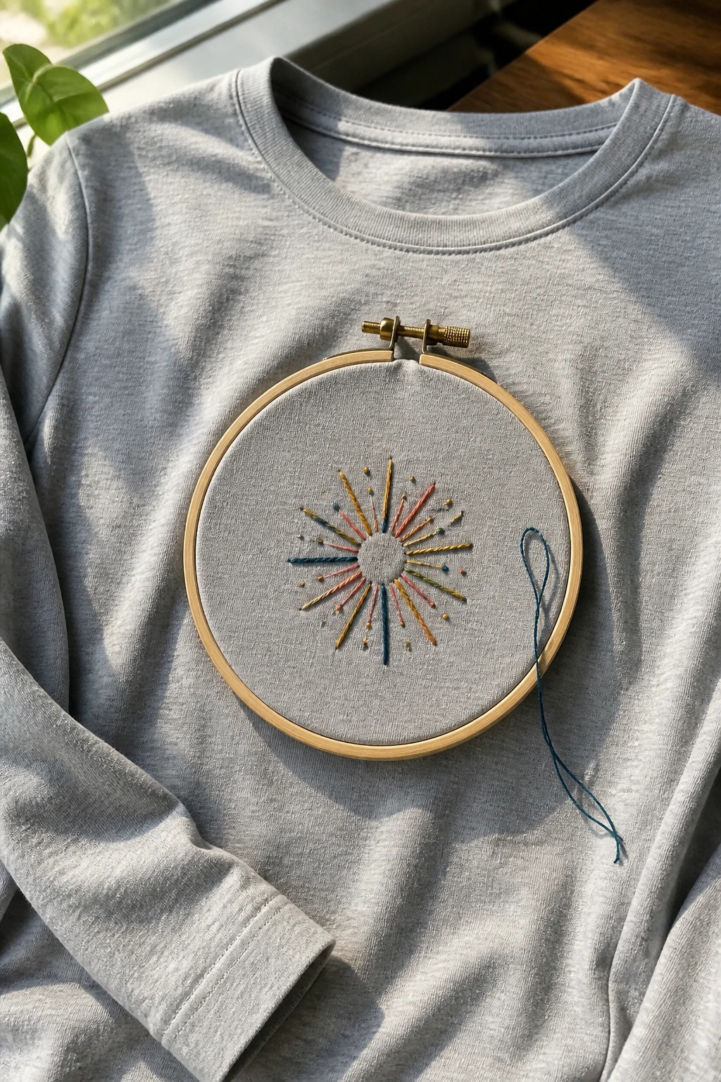 Gray sweatshirt with wooden hoop holding colorful firework embroidery and loose blue thread