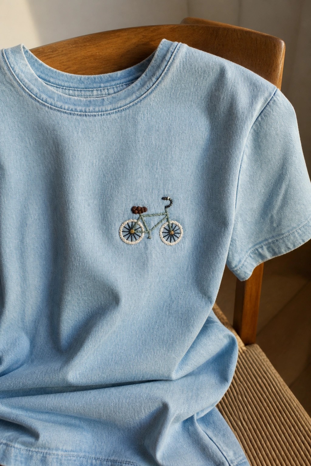 Light blue t-shirt with embroidered bicycle design on wooden chair