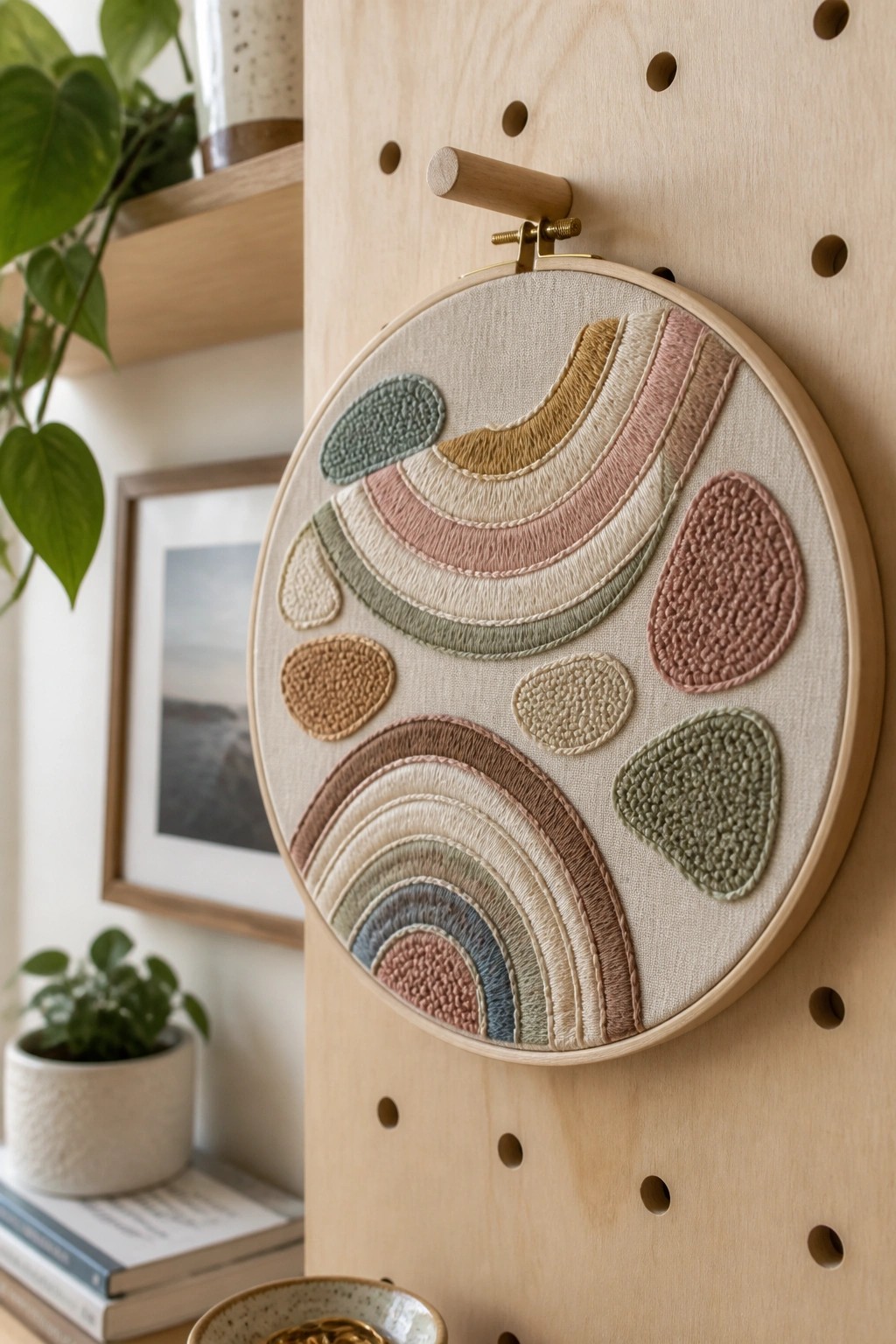 Embroidered pastel rainbow with abstract shapes in wooden hoop on pegboard