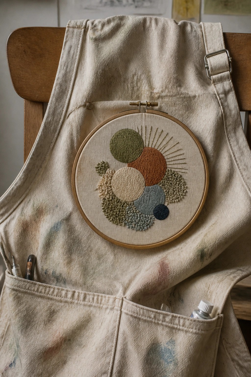 Stained apron with abstract embroidery hoop in greens, oranges, and blues on wooden chair