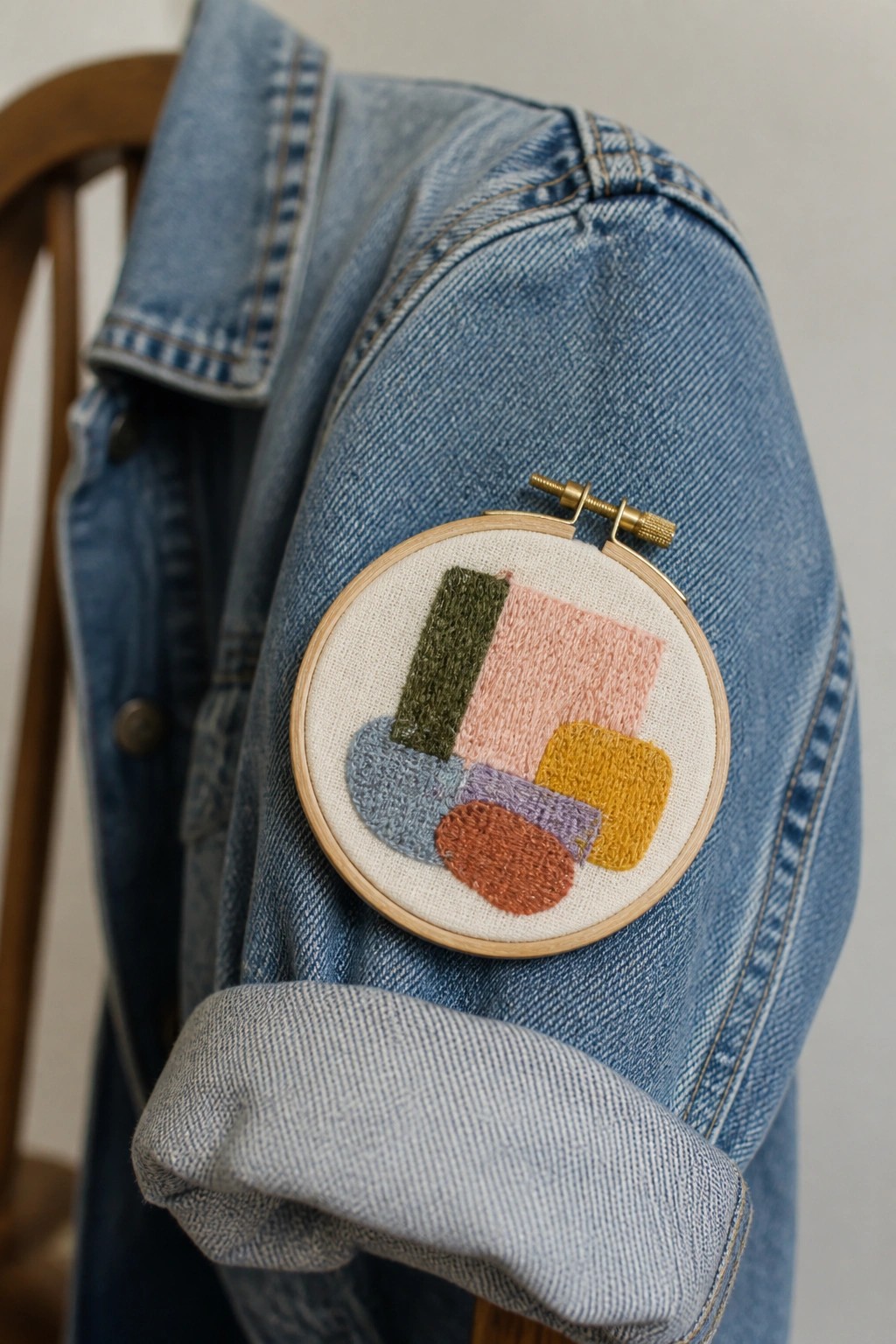 Blue denim jacket sleeve with hoop of colorful abstract embroidery patches