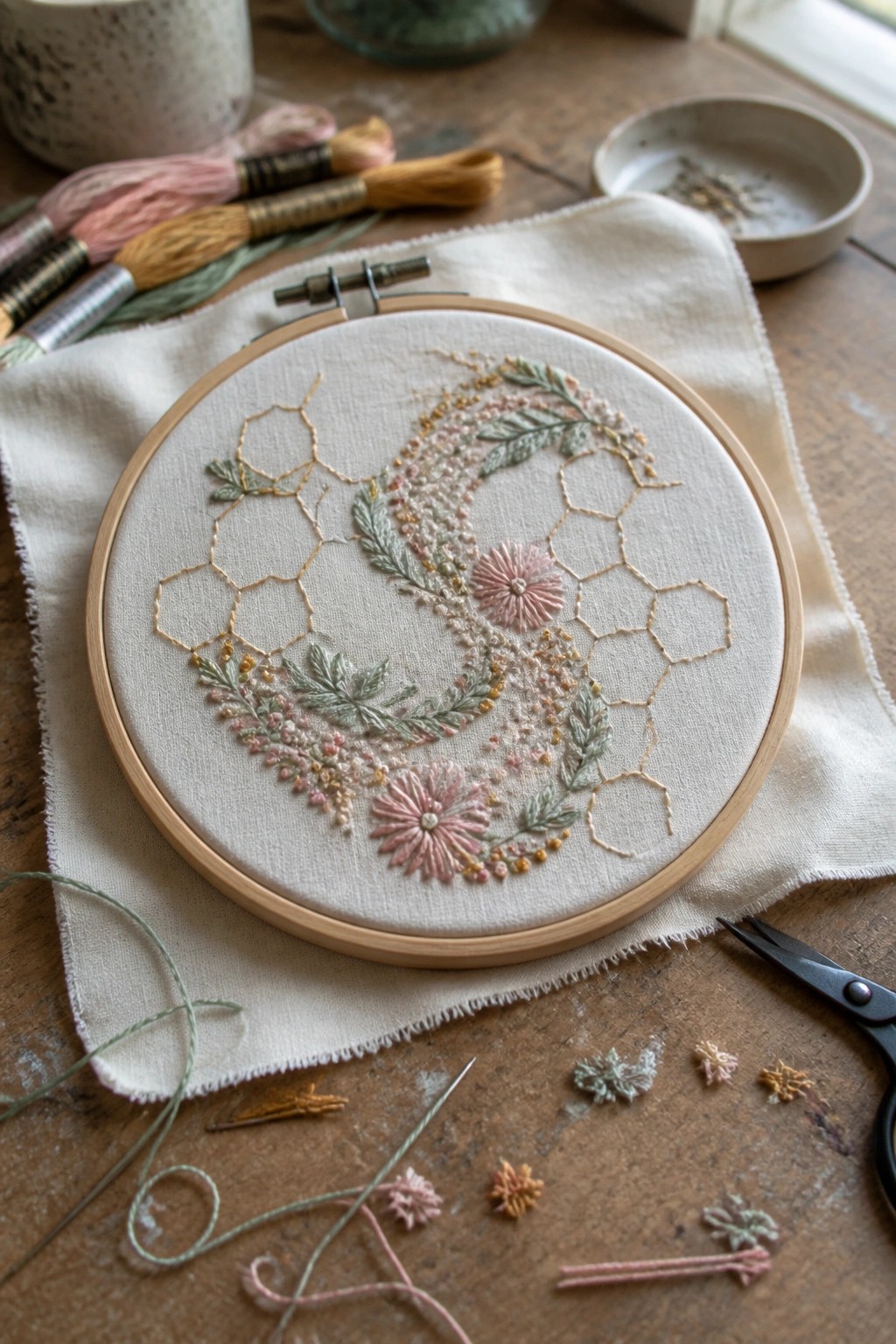 Pink floral embroidery with gold hexagons in wooden hoop amid threads and scissors.