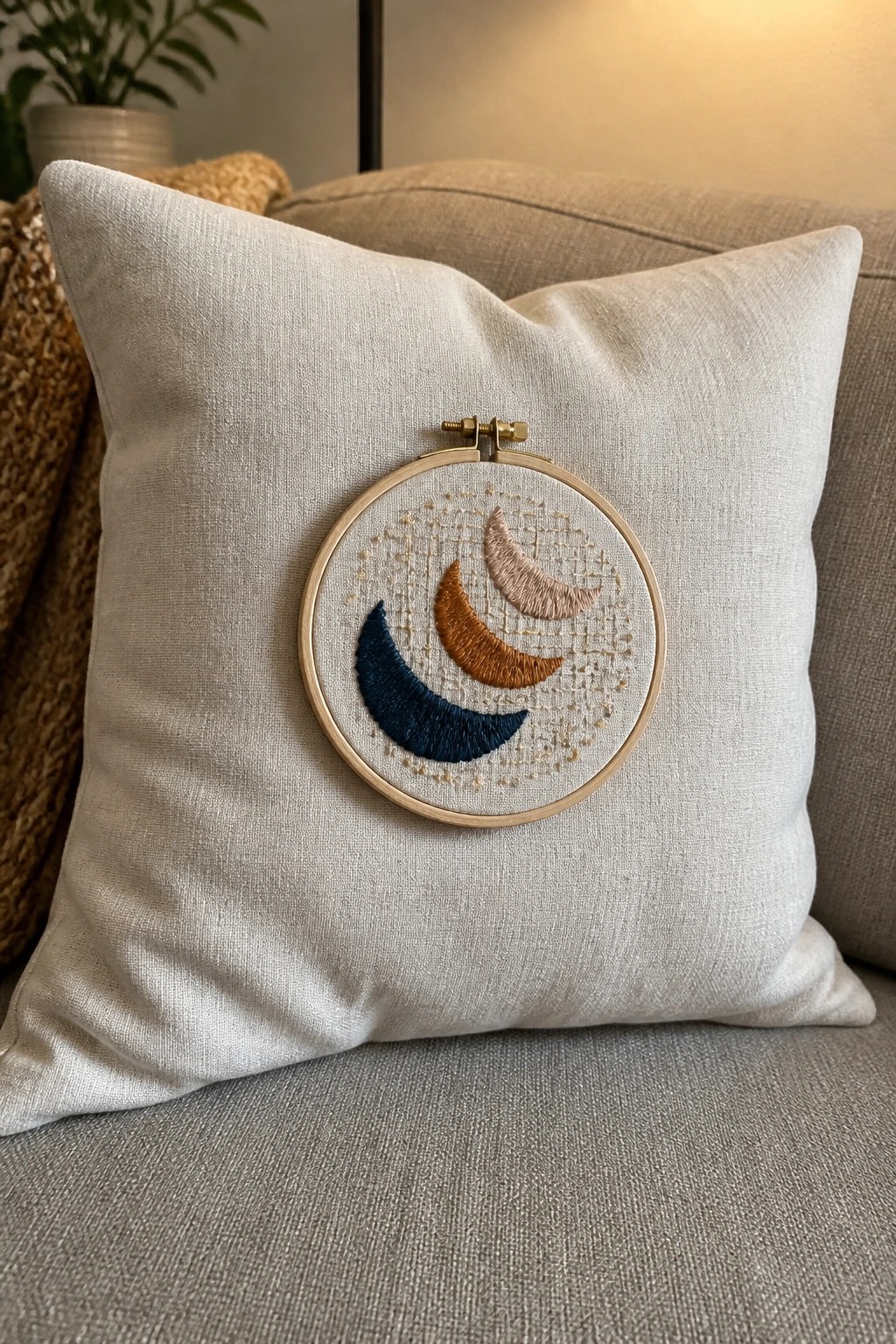 Wooden hoop with embroidered crescent moons in blue, brown, and pink on a linen pillow.