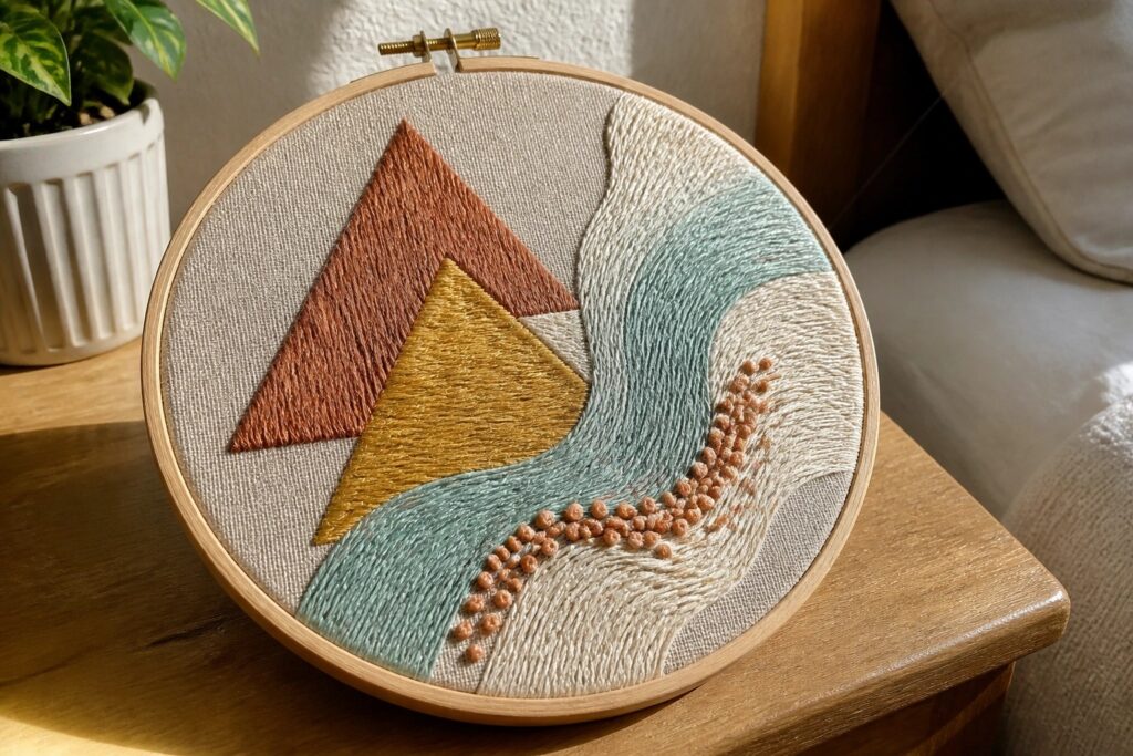 Embroidery hoop with abstract hills in terracotta, gold, sage, and cream with beaded lines