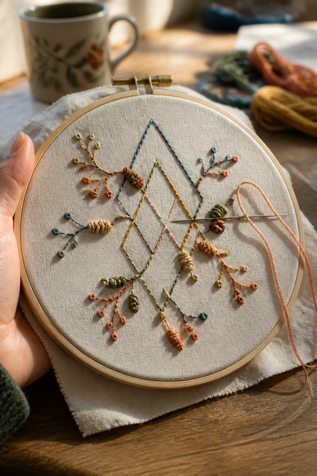 Hand holds embroidery hoop with colorful geometric diamond and branch stitching, needle inserted.