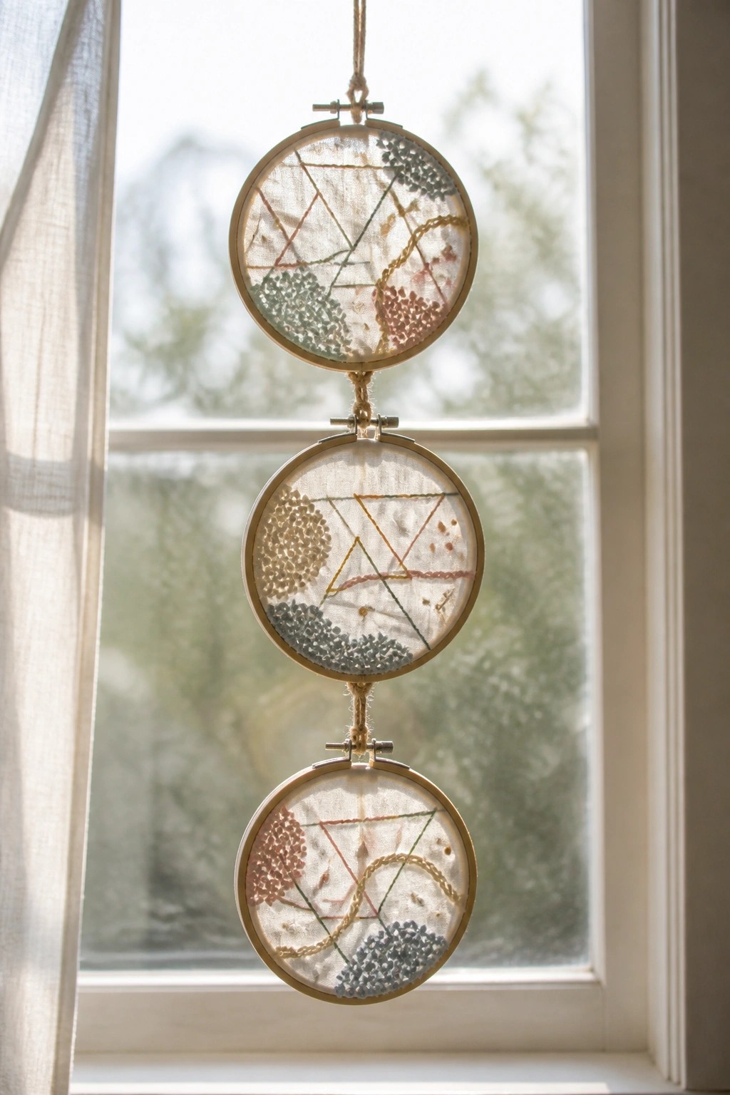 Three hanging embroidery hoops with colorful abstract patterns against a sunlit window