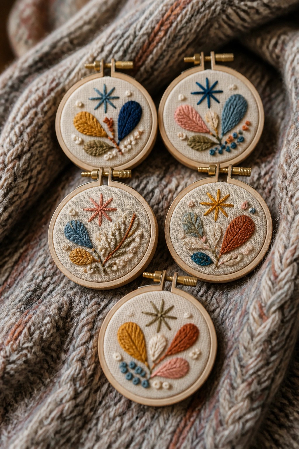 Four wooden hoops with colorful floral embroidery on cozy knit fabric